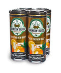 The image depicts a four-pack of "Drinkin' Buds Beverages" in the Wisconsin Old Fashioned flavor, presented in tall, sleek cans. The label showcases a cannabis leaf and the slogan "Taste the New Buzz," along with a graphic of an Old Fashioned cocktail garnished with an orange slice and cherry.