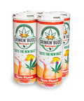 The image displays a four-pack of "Drinkin' Buds Beverages" Rum Punch flavor, featuring a white and orange design. The label includes a cannabis leaf, the slogan "Taste the New Buzz," and a vibrant rum punch cocktail graphic.
