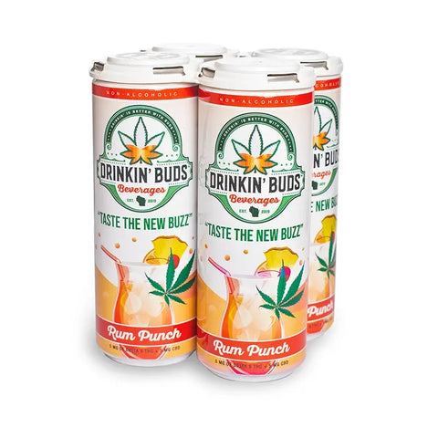 The image displays a four-pack of "Drinkin' Buds Beverages" Rum Punch flavor, featuring a white and orange design. The label includes a cannabis leaf, the slogan "Taste the New Buzz," and a vibrant rum punch cocktail graphic.