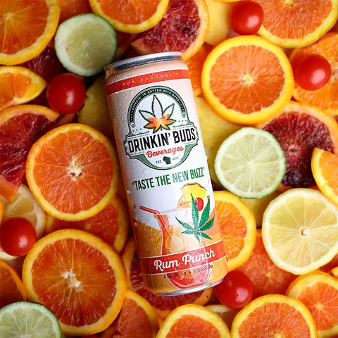 The image features a "Drinkin' Buds Beverages" Rum Punch can surrounded by vibrant slices of blood oranges, limes, lemons, and red cherries. The colorful arrangement emphasizes the drink's fruity, tropical flavors infused with cannabis.