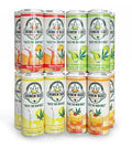 The image shows a variety pack of "Drinkin' Buds Beverages" featuring four flavors: Rum Punch, Margarita, Spiked Lemonade, and Mai Tai. Each can displays a cannabis leaf logo and the slogan "Taste the New Buzz," emphasizing the assortment of infused tropical drinks.