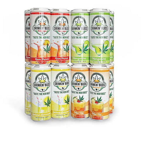 The image shows a variety pack of "Drinkin' Buds Beverages" featuring four flavors: Rum Punch, Margarita, Spiked Lemonade, and Mai Tai. Each can displays a cannabis leaf logo and the slogan "Taste the New Buzz," emphasizing the assortment of infused tropical drinks.