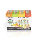 The image displays the "Drinkin' Buds Beverages" THC Cocktail Variety Pack from a front view, emphasizing "Real. Legal. THC." and the four flavors: Mai Tai, Margarita, Spiked Lemonade, and Rum Punch. Each drink contains 5 mg of THC and 5 mg of CBD, with a vibrant design showcasing citrus and tropical fruits.