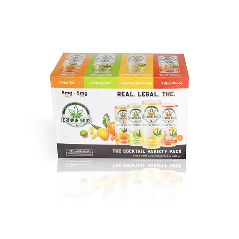 The image displays the "Drinkin' Buds Beverages" THC Cocktail Variety Pack from a front view, emphasizing "Real. Legal. THC." and the four flavors: Mai Tai, Margarita, Spiked Lemonade, and Rum Punch. Each drink contains 5 mg of THC and 5 mg of CBD, with a vibrant design showcasing citrus and tropical fruits.