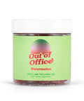 A jar labeled 'Out of Office Watermelon,' containing triple strength gummies with 6mg THC and 45mg CBD per serving. The label is green with a sunset graphic and red text