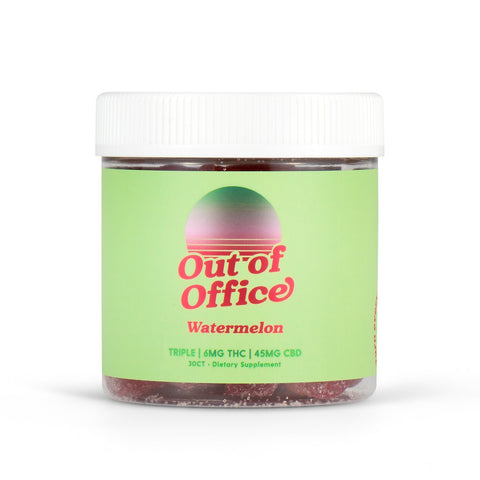 A jar labeled 'Out of Office Watermelon,' containing triple strength gummies with 6mg THC and 45mg CBD per serving. The label is green with a sunset graphic and red text
