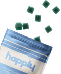 Blue and white Happly sleep package with green gummies 