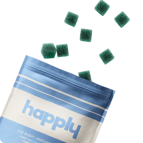 Blue and white Happly sleep package with green gummies 