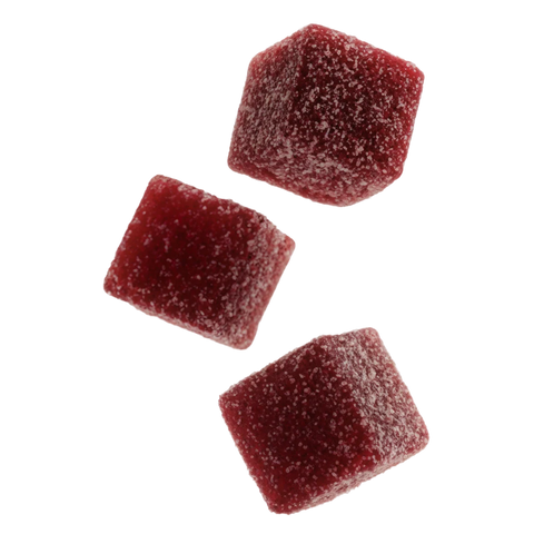 Three red Happly gummy cubes 