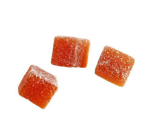 Three orange Happly gummy cubes