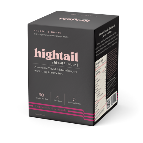 A boxed product labeled 'Hightail' which is a low dose THC drink, sweet-tart raspberry and zesty lemon with basil, and 60 ml as the serving size with 1.5 mg of THC.