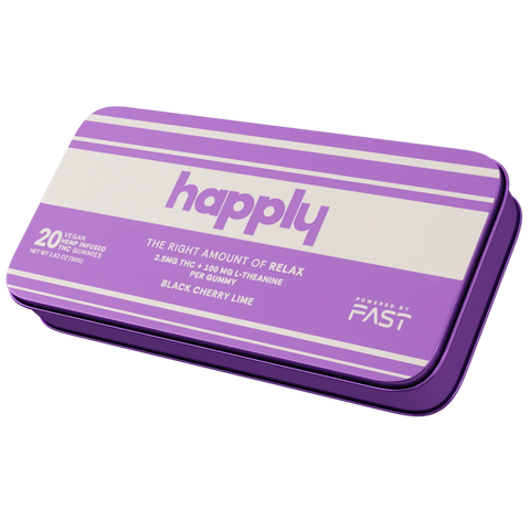 happly gummies | the right amount of relax
Purple and white container labeled 'happly' with text on a white background