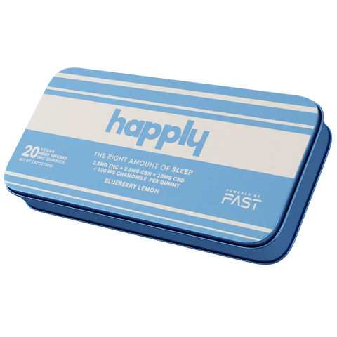 happly gummies | the right amount of sleep
Blue and white container with 'happly' branding on a white background.
