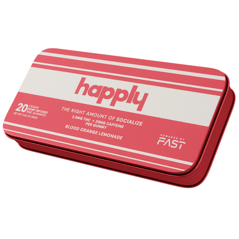 happly gummies | the right amount of socialize
Red and white container with 'happly' branding on a white background