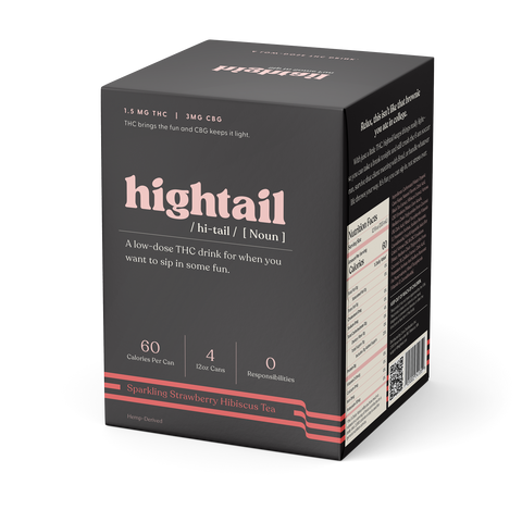 A package of Hightail Sparkling Strawberry Hibiscus Tea with 1.5mg of THC and 3mg of CBG for lighthearted fun.