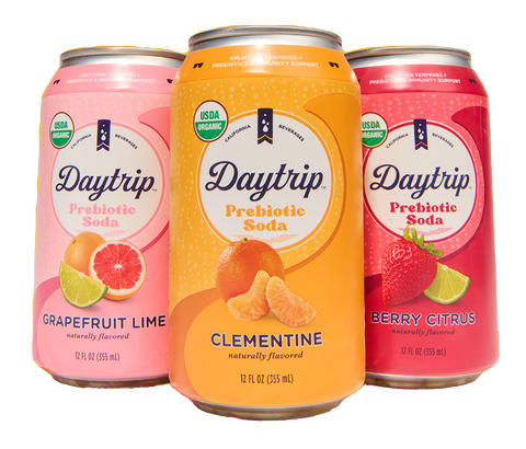 daytrip organic prebiotic soda berry citrus grapefruit lime and clementine can renders on white