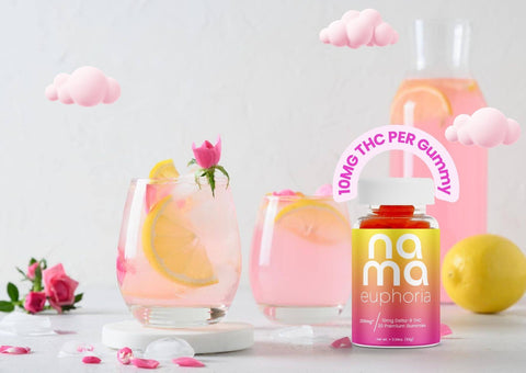 pink lemonade euphoria gummy with pink lemonade drink and pink roses